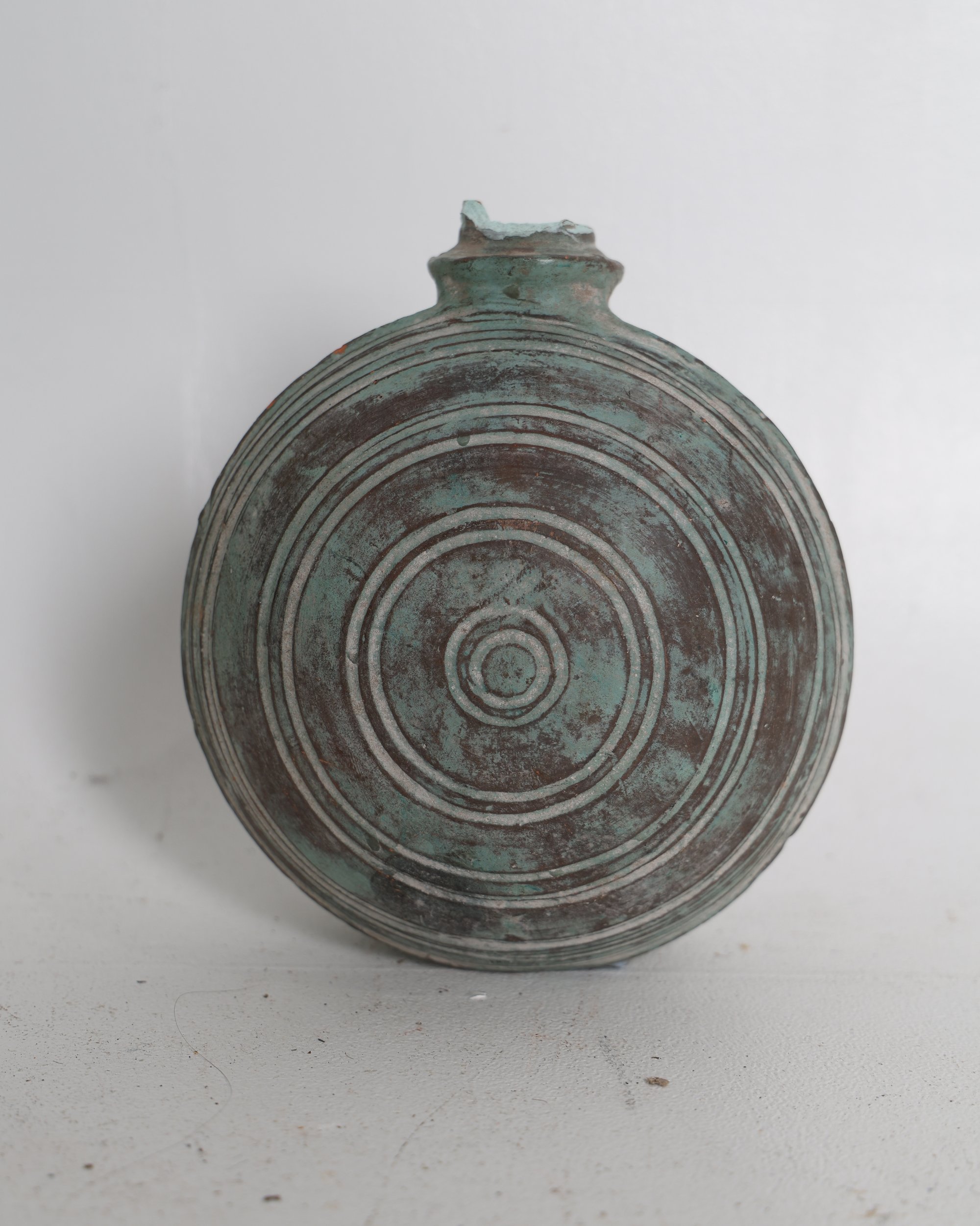 Ceramic Concentric Ring Pilgrim Flask Style Decorative Vessel