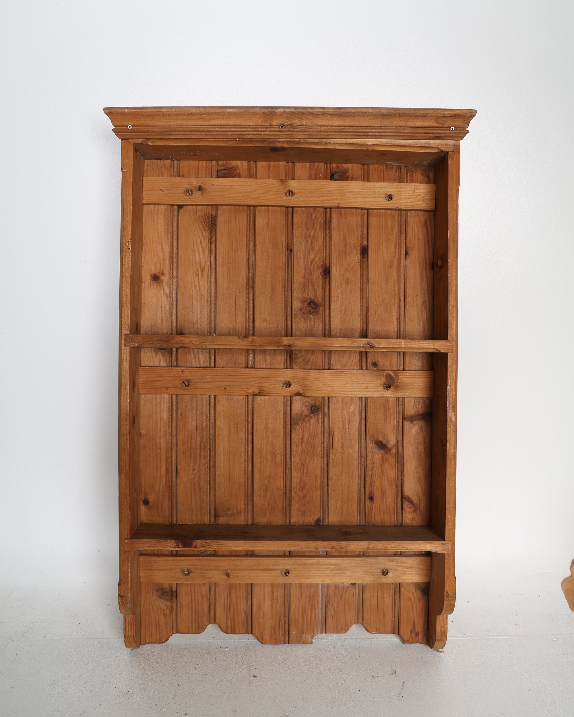 Rustic Style Pine Wall Shelves with Corniced Top and Scalloped Apron