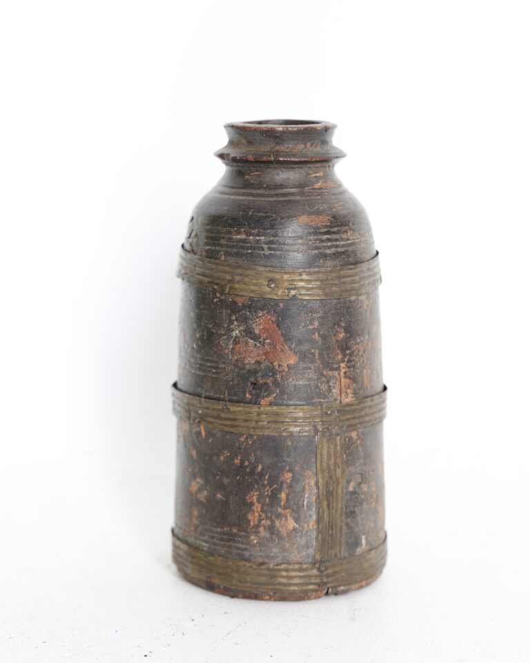 Rustic Turned Wooden Vessel with Decorative Brass Bands