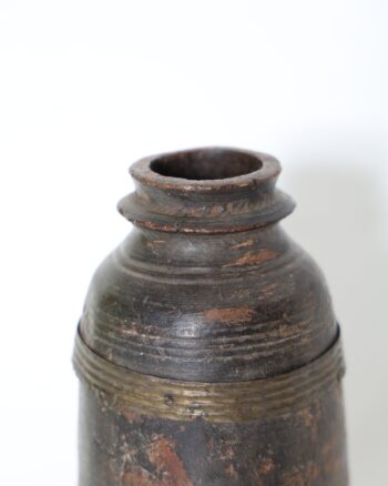 Rustic Turned Wooden Vessel with Decorative Brass Bands