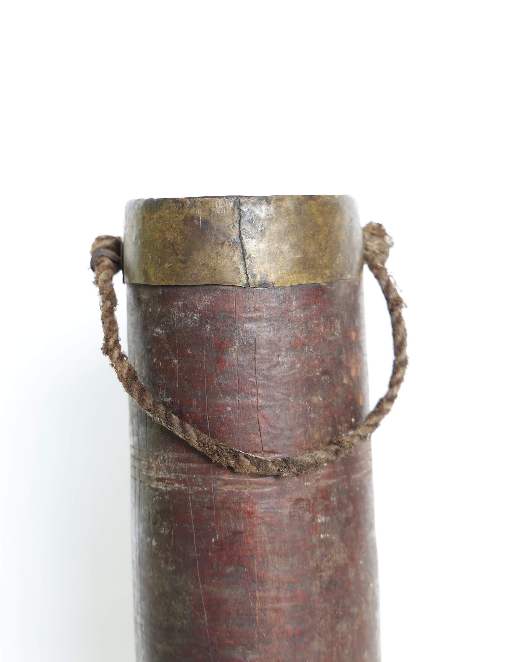 Rustic Banded Wooden Cylinder Container with Rope Handle