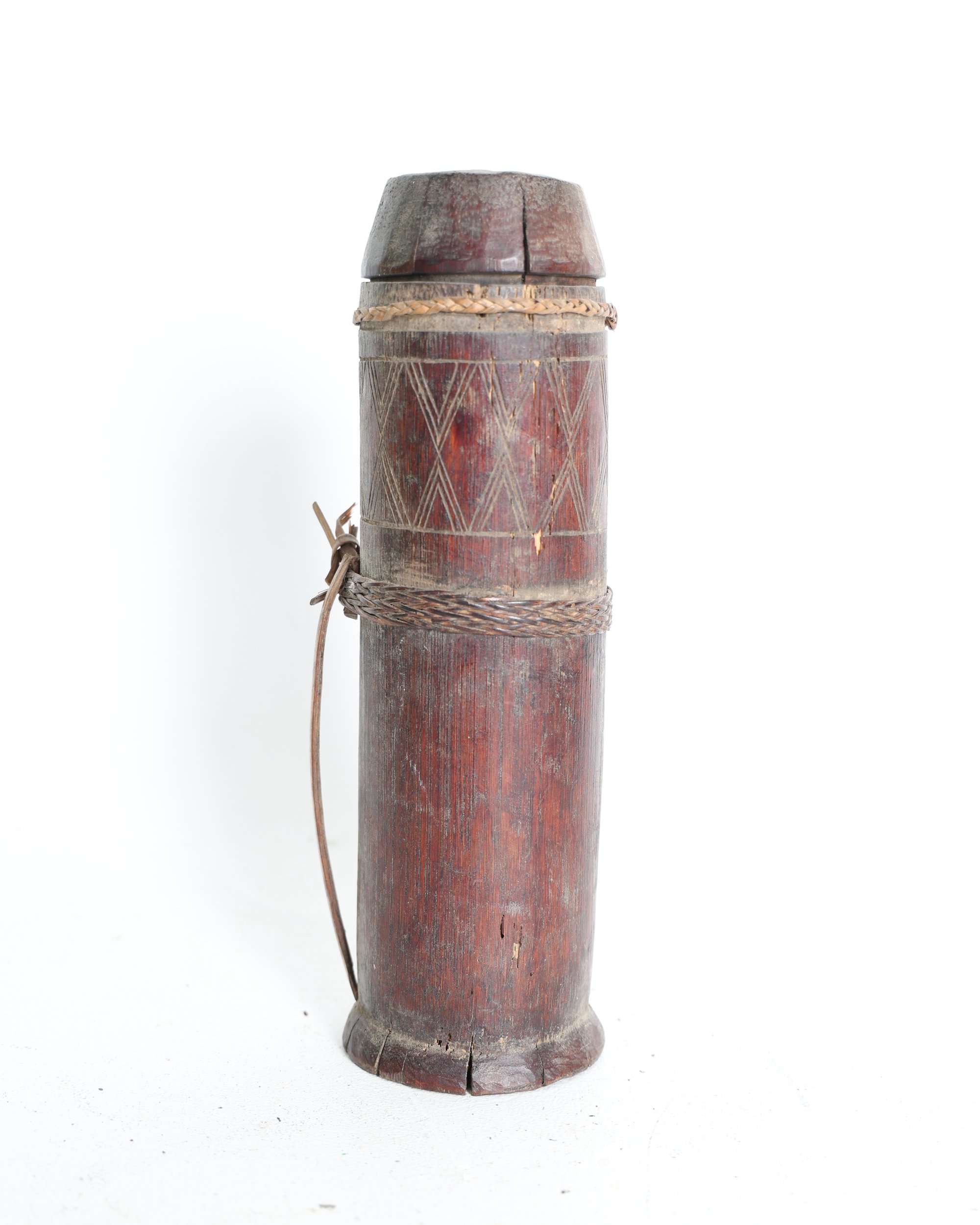 Vintage Style Carved Bamboo Tribal Container with Lid
