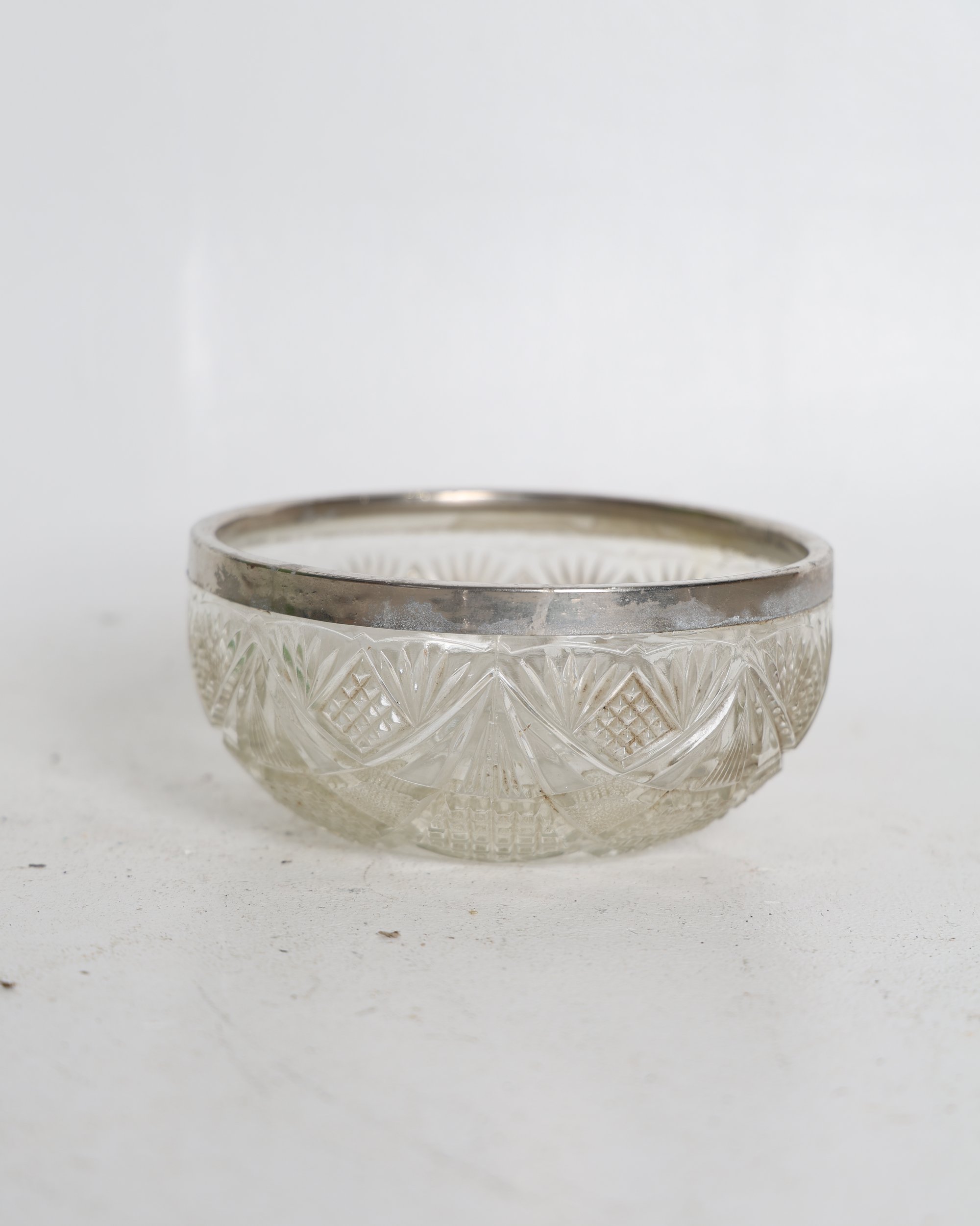 Cut Glass Bowl with Silver Toned Rim