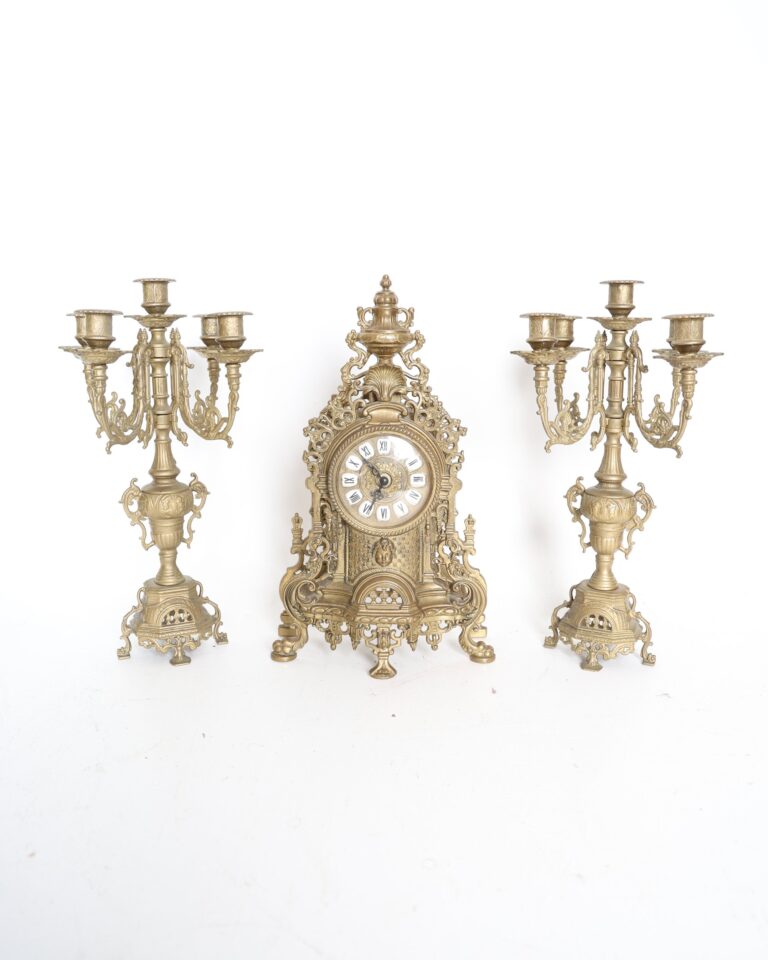 Ornate Rococo Style Brass Mantel Clock and Candelabra Set