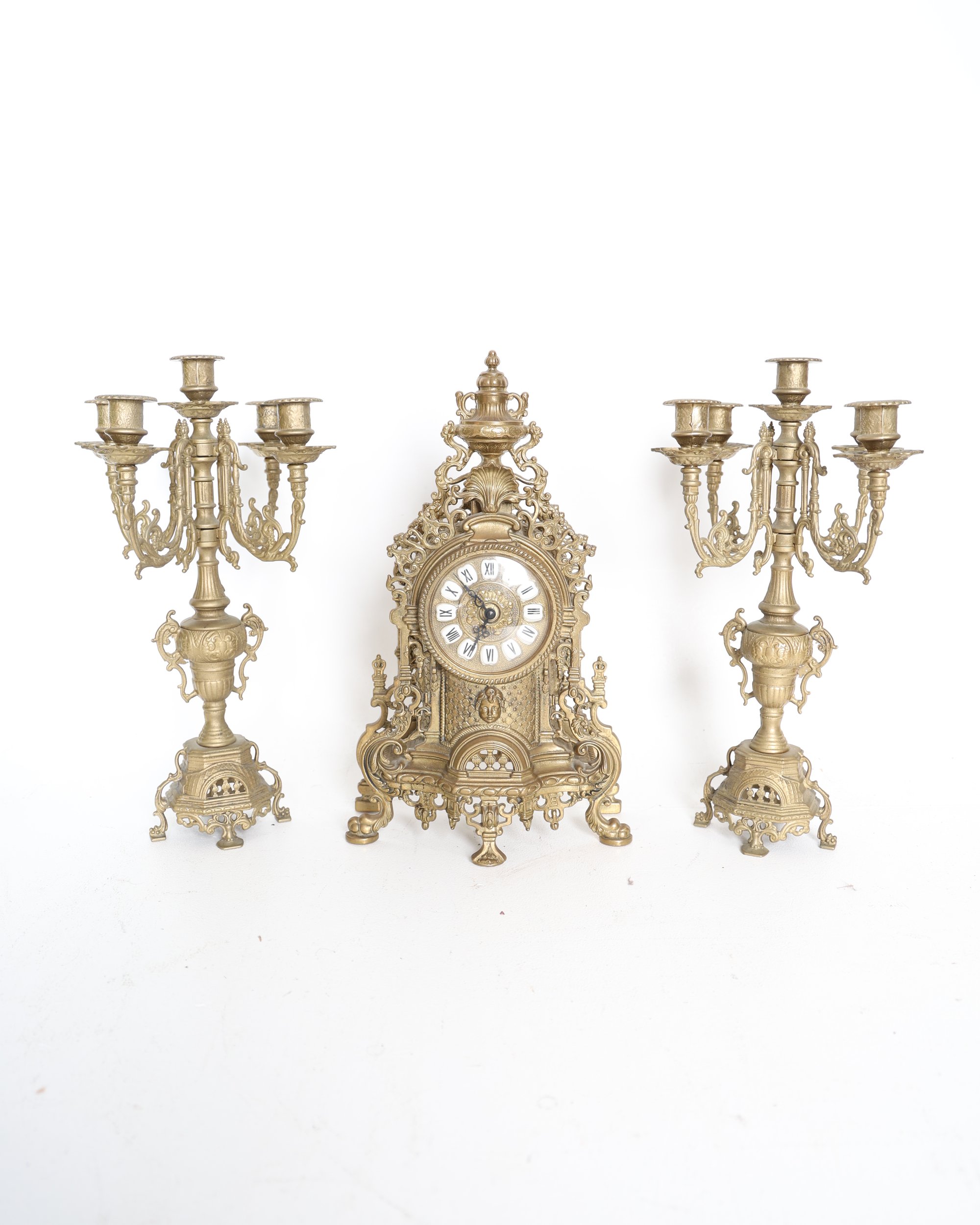 Ornate Rococo Style Brass Mantel Clock and Candelabra Set