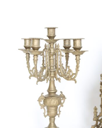 Ornate Rococo Style Brass Mantel Clock and Candelabra Set