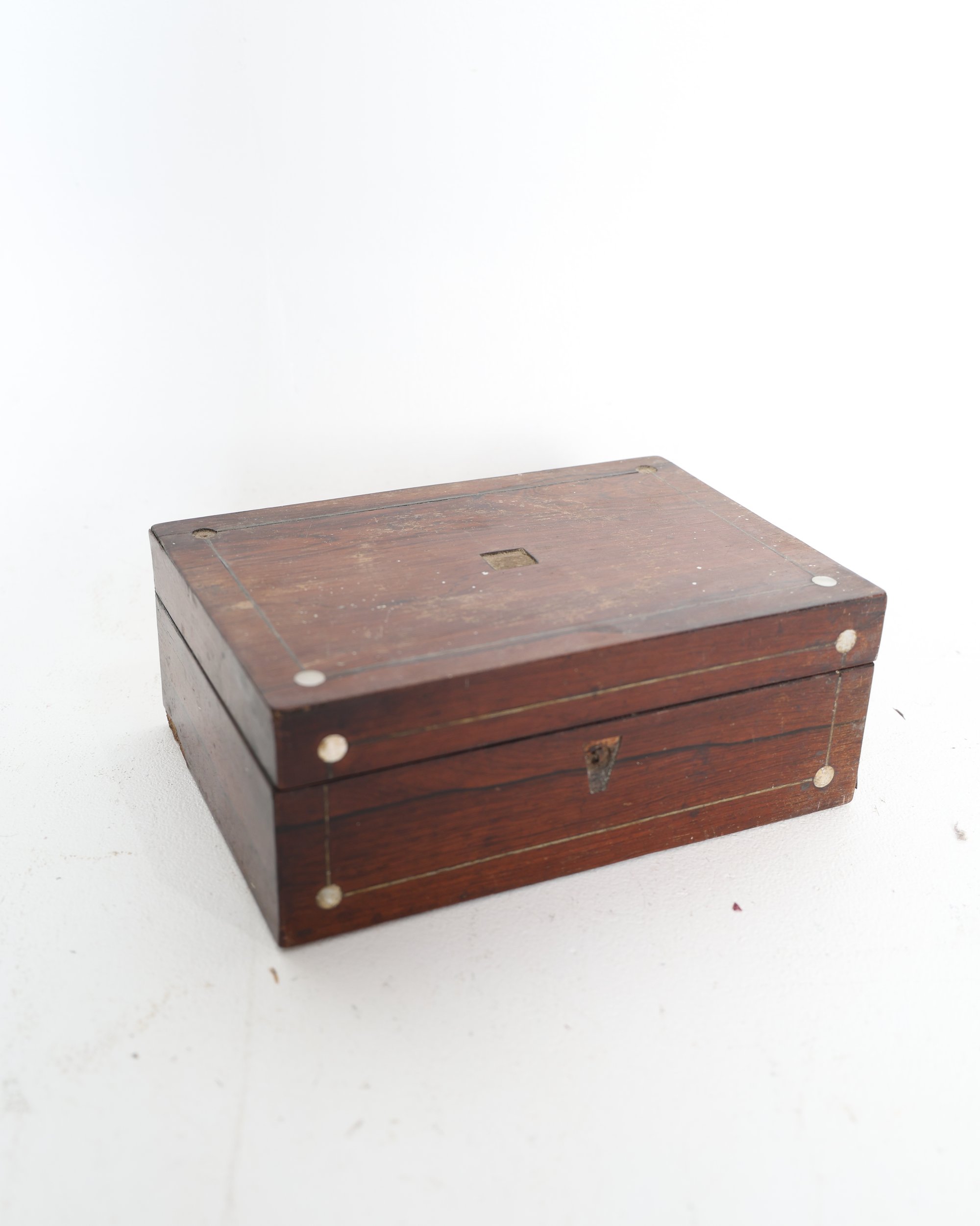 Wooden Box with Inlaid Dot Detail and Paper Lined Interior
