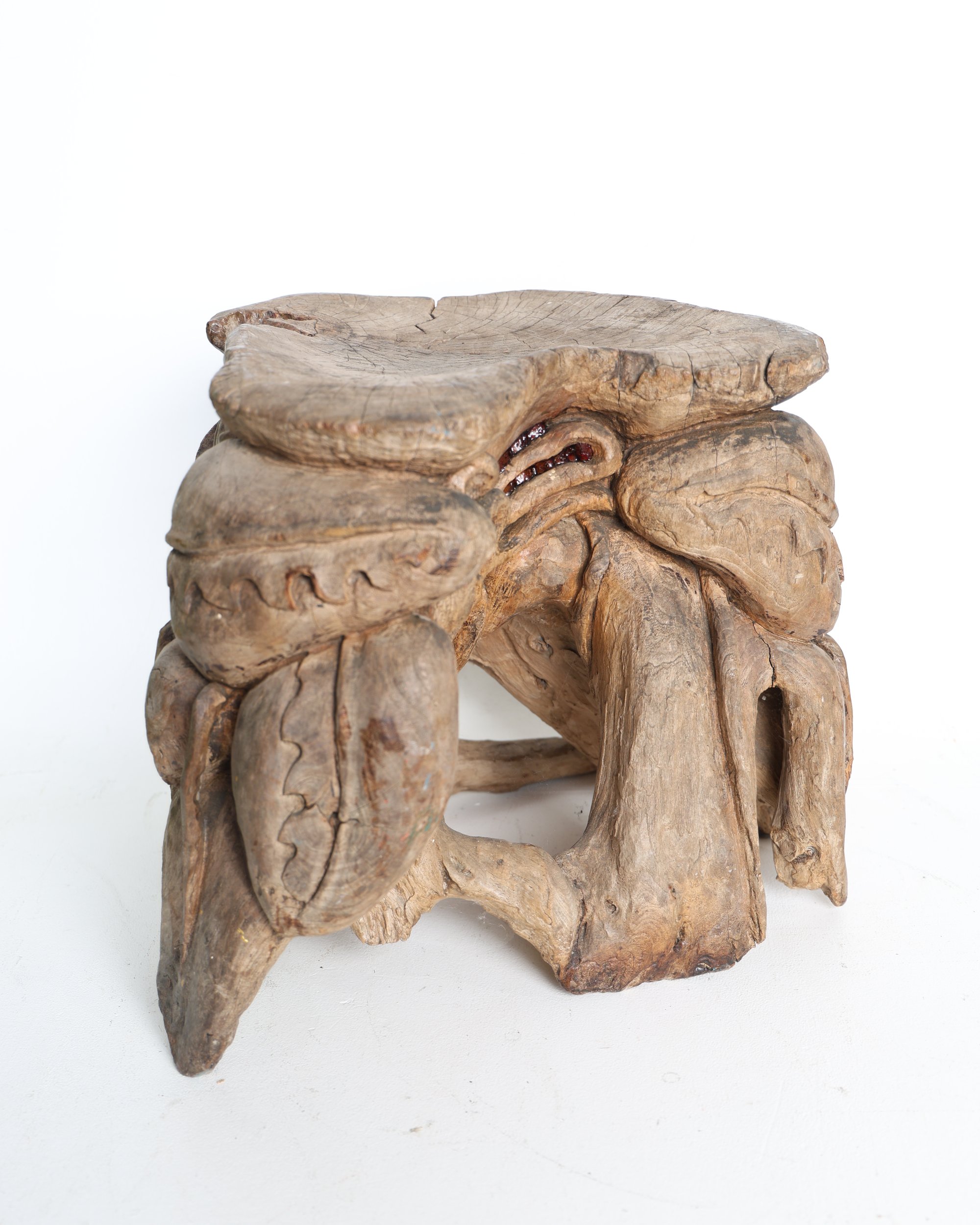 Rustic Hand Carved Wood Stool with Octopus and Marine Life Motifs