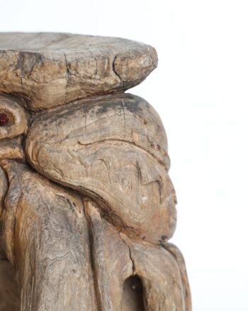 Rustic Hand Carved Wood Stool with Octopus and Marine Life Motifs