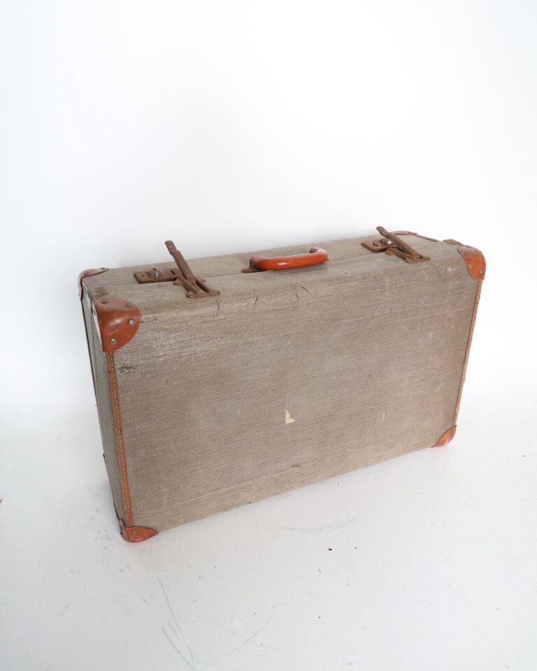 Vintage Style Fabric Travel Suitcase with Orange Handle