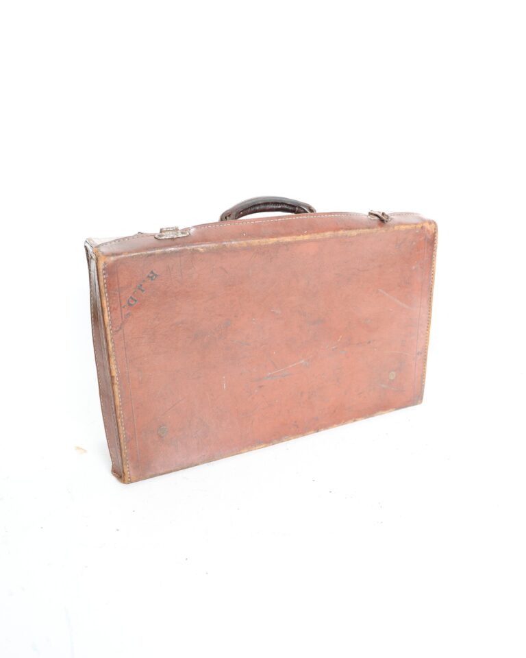 Vintage Style Brown Leather Suitcase with Monogram RJD
