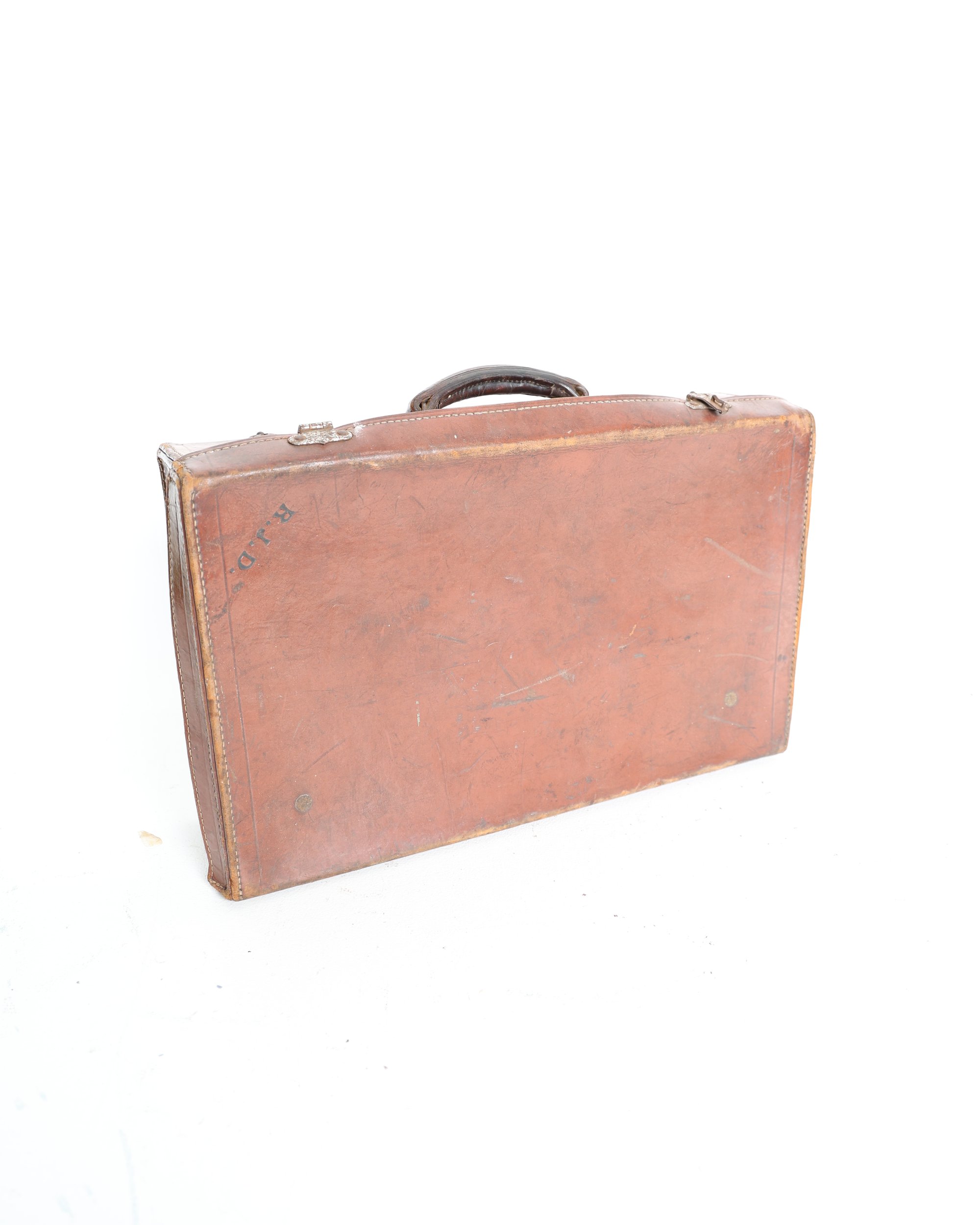 Vintage Style Brown Leather Suitcase with Monogram RJD