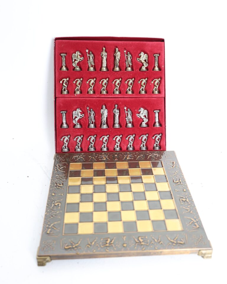 Greek Mythology Style Metal Chess Set with Raised Board