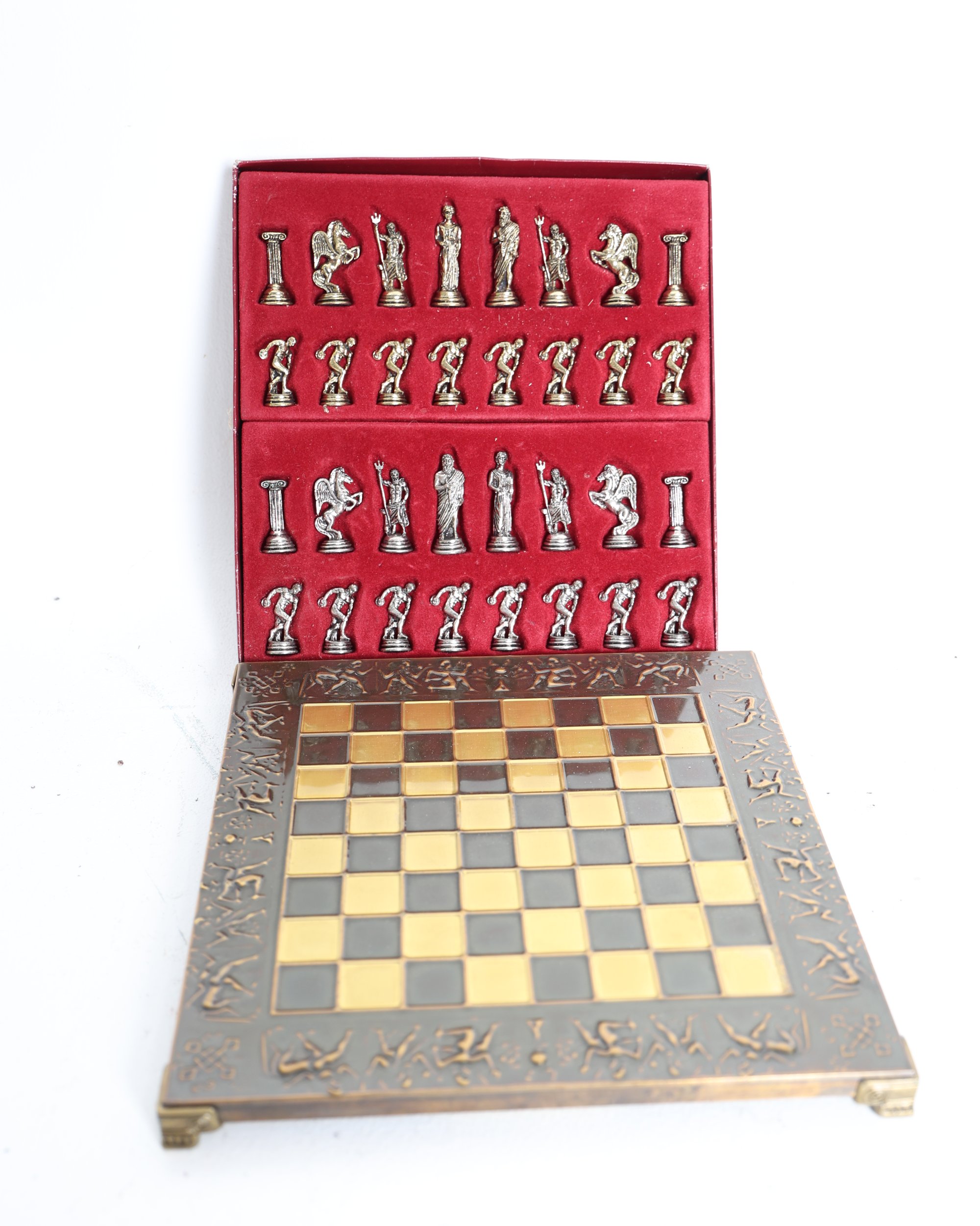 Greek Mythology Style Metal Chess Set with Raised Board