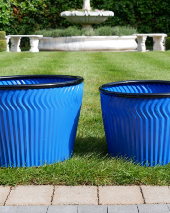 Blue Metal Ribbed Plant Pot with Black Rim