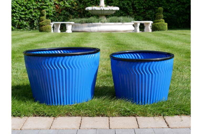 Blue Metal Ribbed Plant Pot with Black Rim