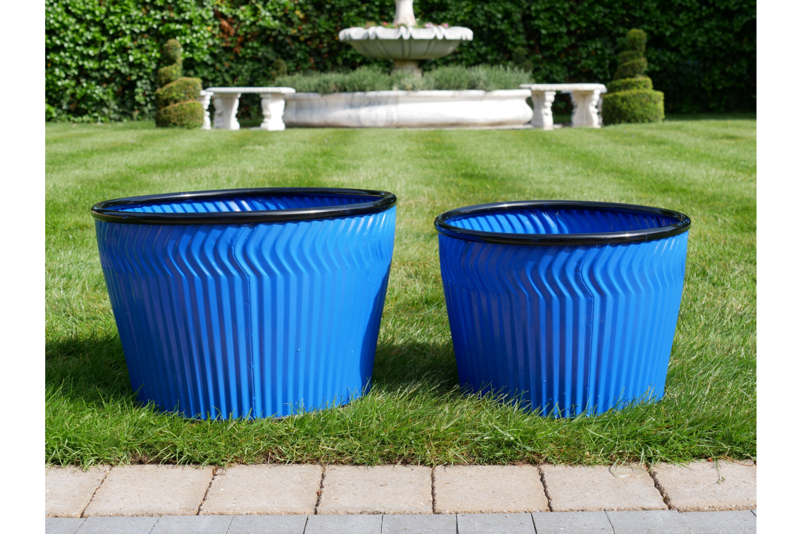 Blue Metal Ribbed Plant Pot with Black Rim