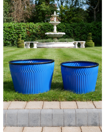 Blue Metal Ribbed Plant Pot with Black Rim