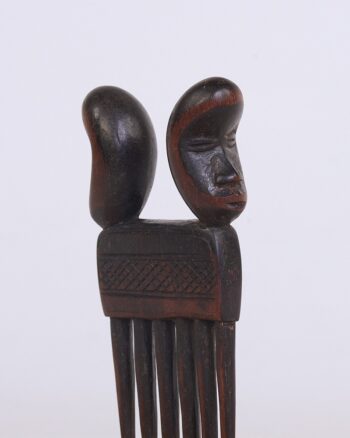 Vintage Hand-Carved African Wooden Comb with Dual Head Figures