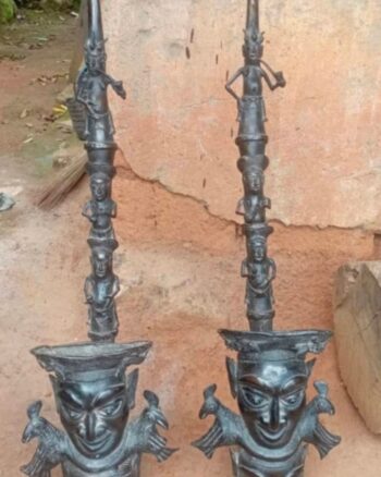 Pair of Bamoun Benin Bronze Ceremonial Smoking Pipes c1940