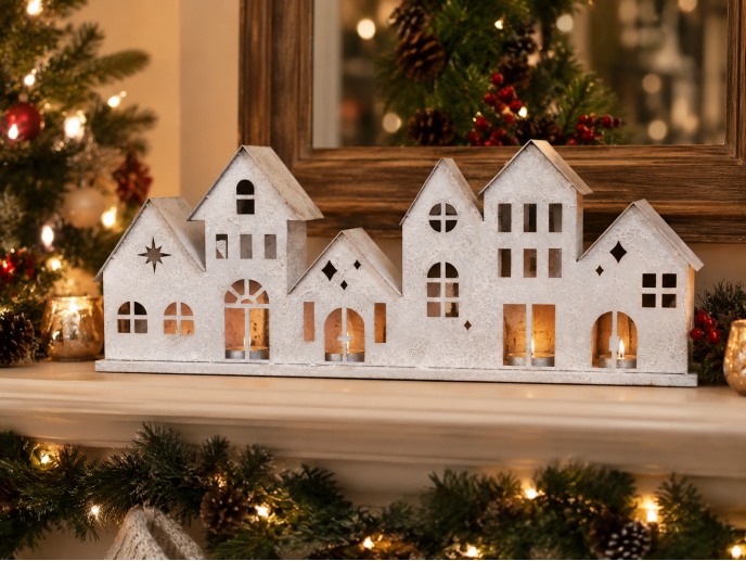 Little Row Of Houses Metal Tealight Candle Holder