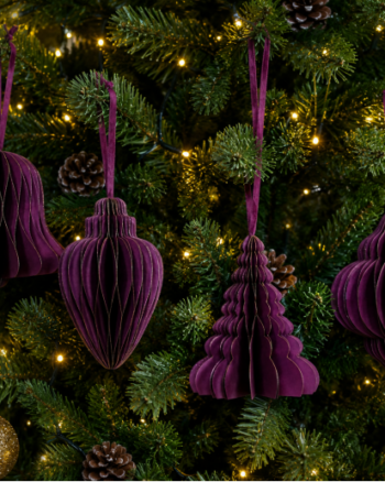 Set of Four Purple Velvet Paper Christmas Tree Decorations