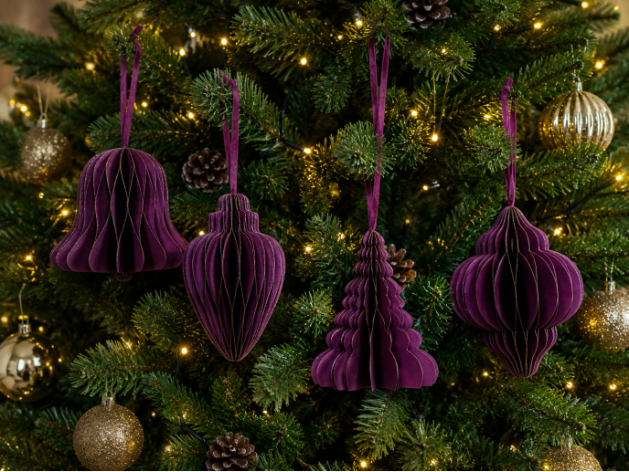 Set of Four Purple Velvet Paper Christmas Tree Decorations