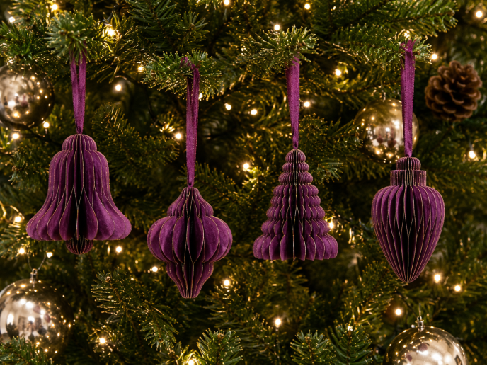 Set of 4 Purple and Gold Hanging Paper Christmas Tree Decorations – 8cm