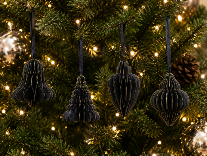 Set of 4 Black and Gold Paper Christmas Tree Decorations
