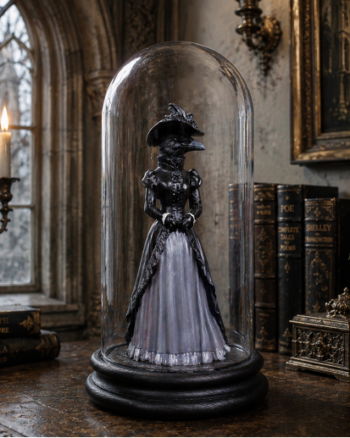 Crow Lady Figurine in Tall Glass Display Dome