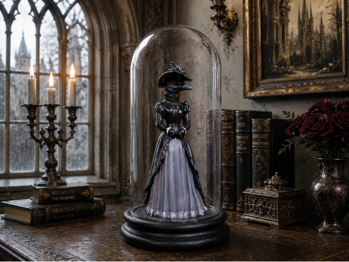 Crow Lady Figurine in Tall Glass Display Dome