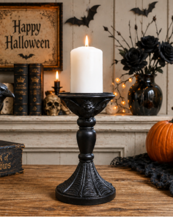 Gothic Bat Pillar Candle Holder in Matte Black Finish