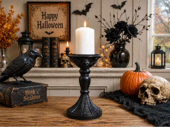 Gothic Bat Pillar Candle Holder in Matte Black Finish