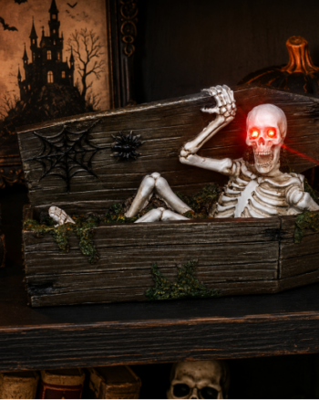 Skeleton In A Coffin Halloween Prop with Glowing Eyes