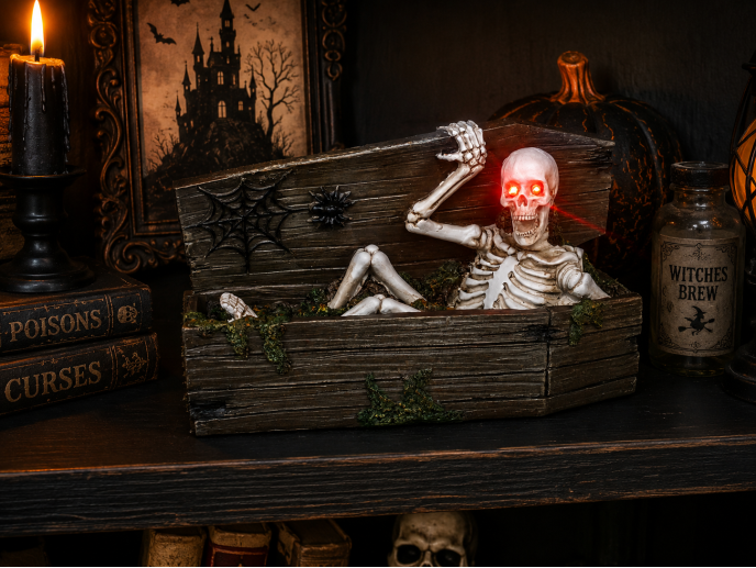 Skeleton In A Coffin Halloween Prop with Glowing Eyes