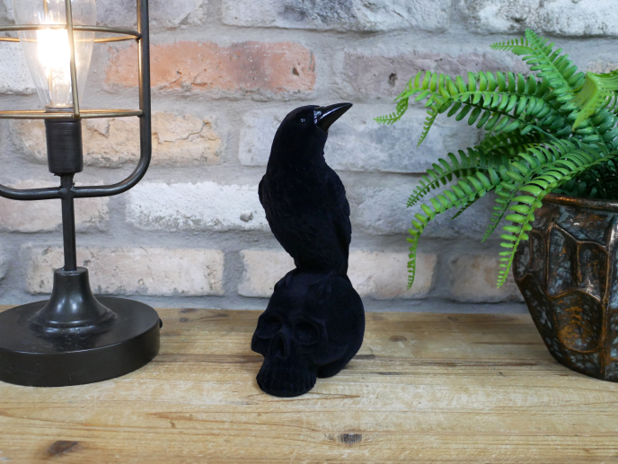 Black Flocked Crow On Skull Gothic Decorative Ornament