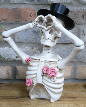 Love Skeleton Figure Wearing Top Hat and Pink Roses