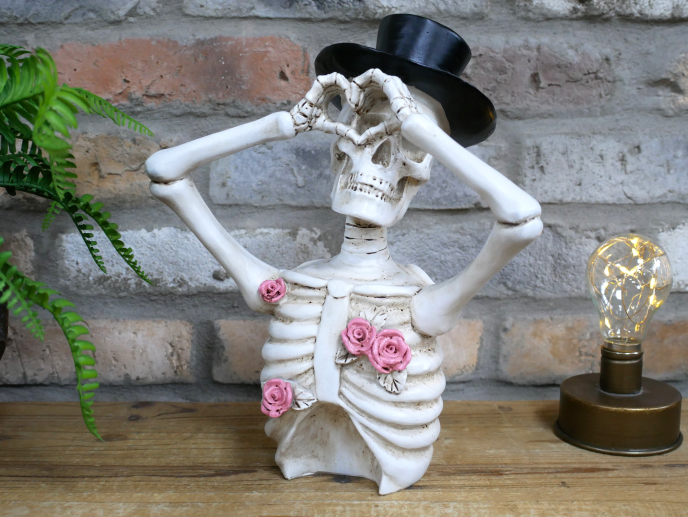 Love Skeleton Figure Wearing Top Hat and Pink Roses