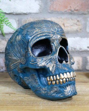 Blue Decorative Skull Ornament with Gold Leaf Detail