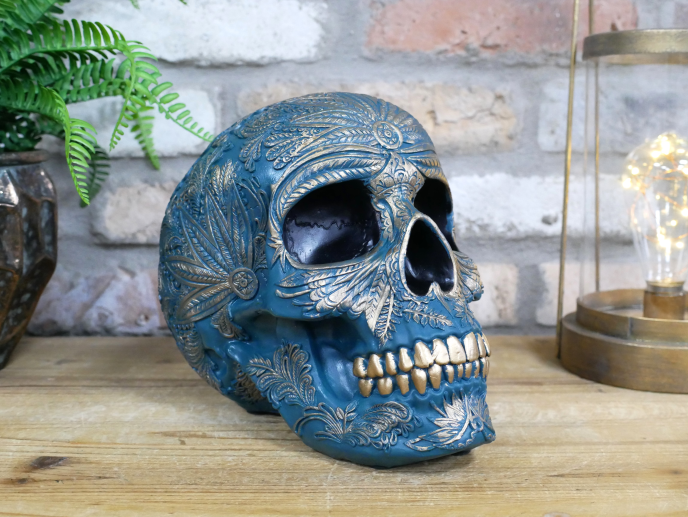 Blue Decorative Skull Ornament with Gold Leaf Detail