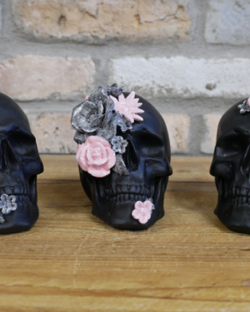 Set of 3 Gothic Black Skulls with Pink and Silver Flowers