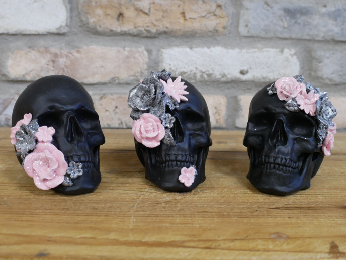 Set of 3 Gothic Black Skulls with Pink and Silver Flowers
