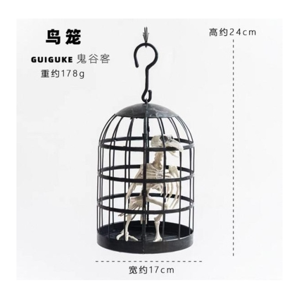 Black Metal Halloween Bird Cage with Bird Skeleton