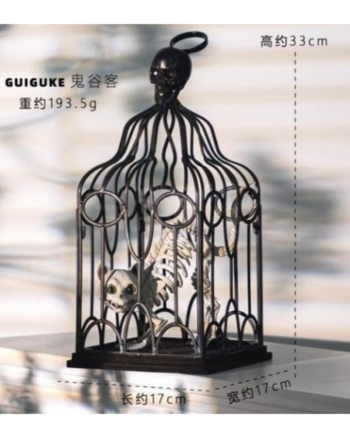 Metal Skull Birdcage with Cat Skeleton Halloween Decoration