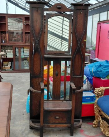 Arts and Crafts Style Oak Hall Stand with Mirror and Storage Bench