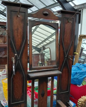 Arts and Crafts Style Oak Hall Stand with Mirror and Storage Bench