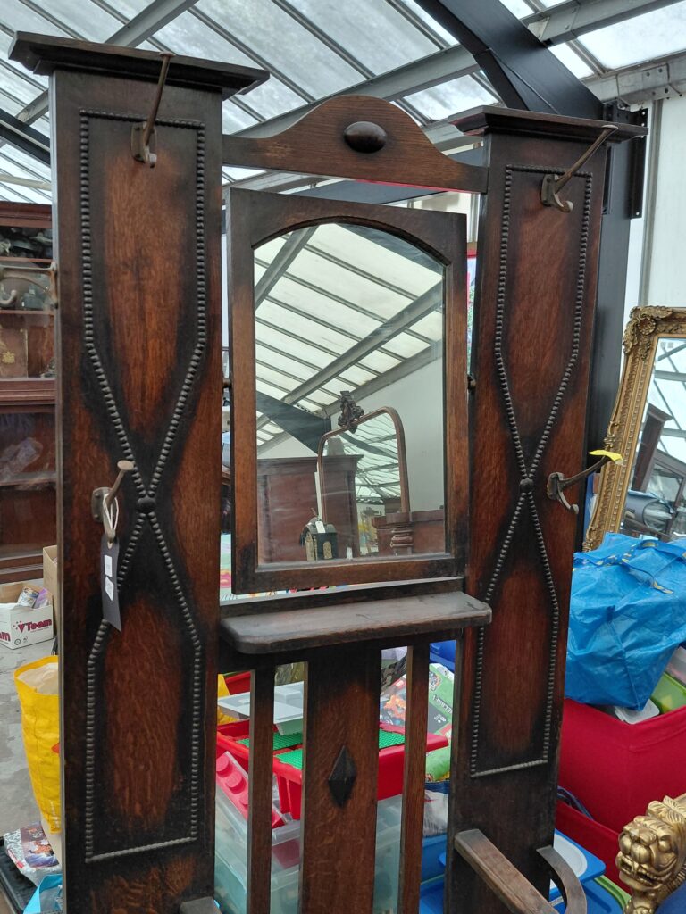 Arts and Crafts Style Oak Hall Stand with Mirror and Storage Bench