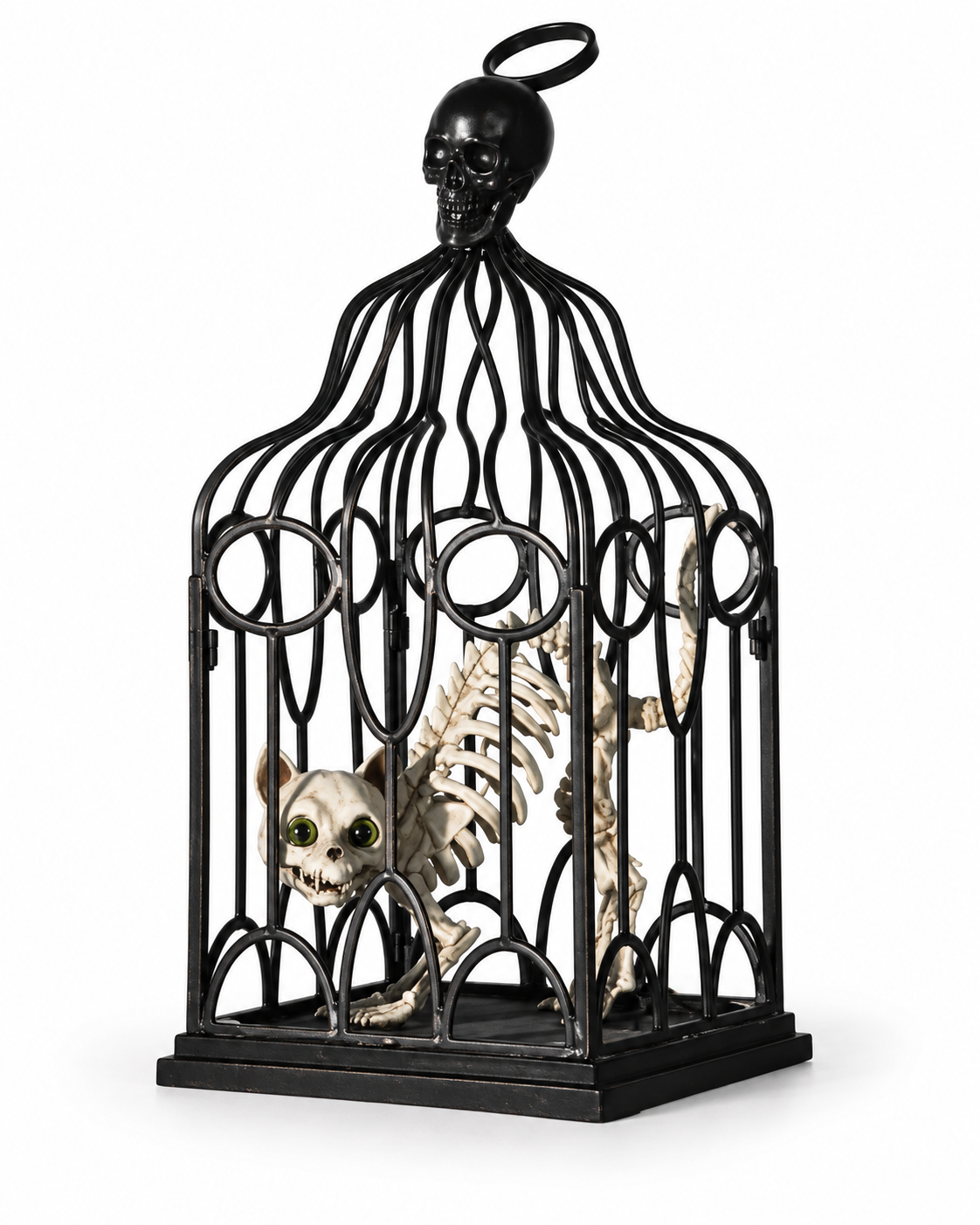 Metal Skull Birdcage with Cat Skeleton Halloween Decoration