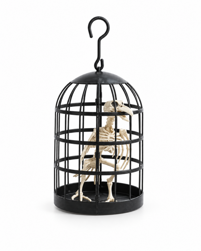 Black Plastic Halloween Bird Cage with Bird Skeleton