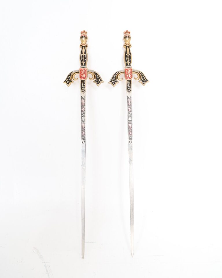 Pair of Decorative Miniature Knight Swords with Heraldic Red Lion Shields